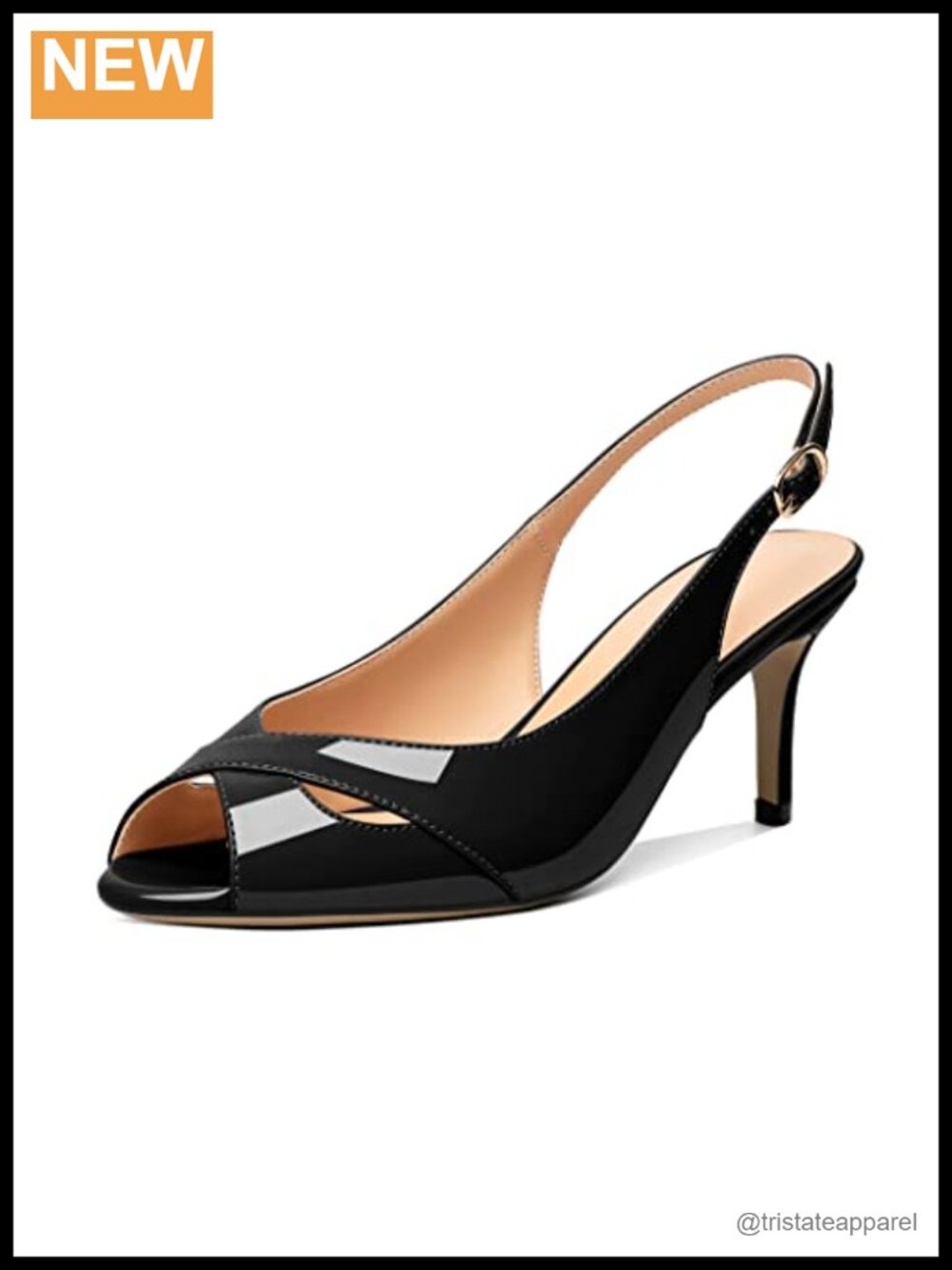 Slingback Heels Peep Toe Stiletto Mid Heel Pumps Patent Leather Adjustable